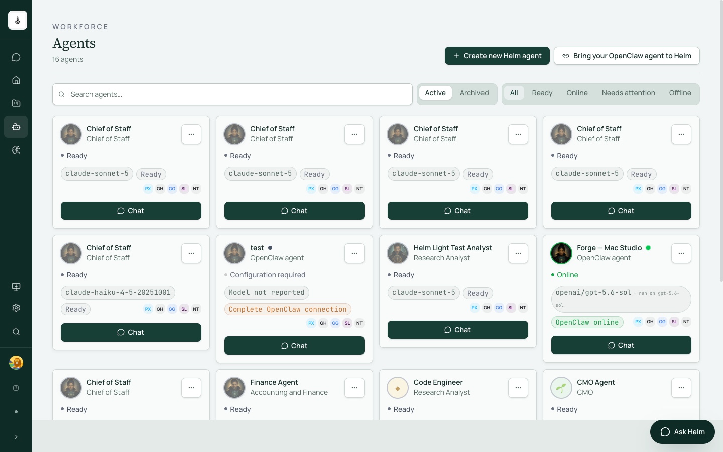 Helm workforce view showing agents, readiness, and OpenClaw connection state