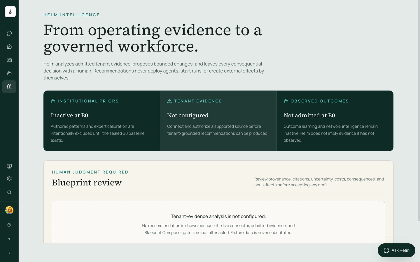 Helm Intelligence showing evidence admission gates and required human review