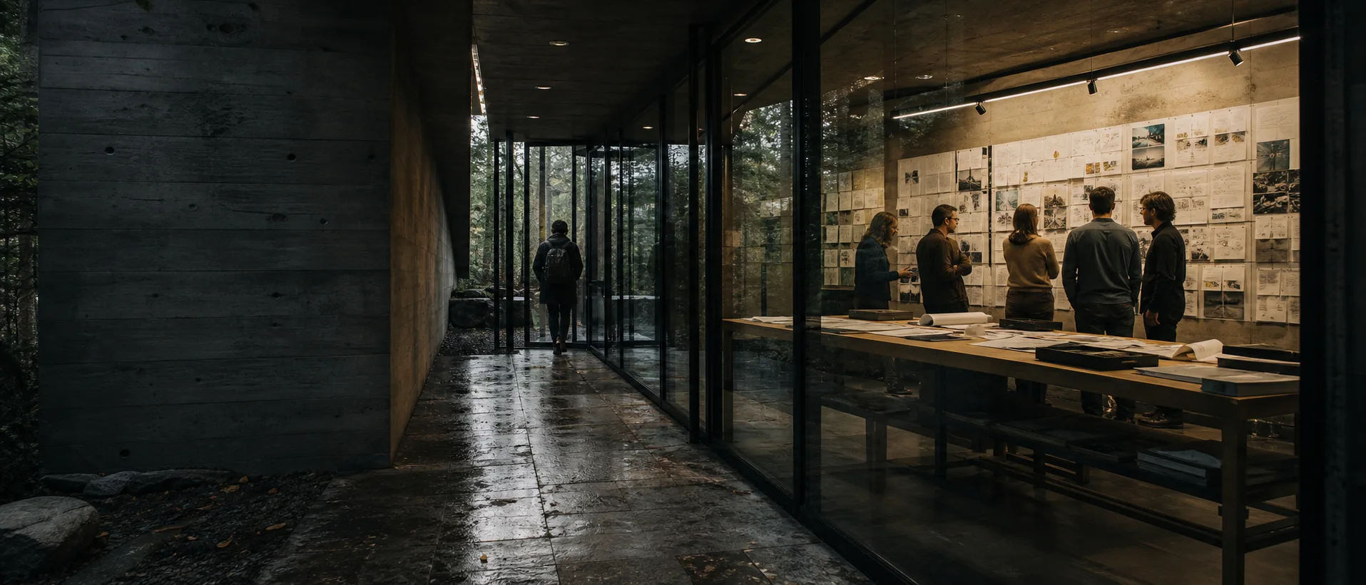 A contemporary working institution with operators reviewing workflow artifacts behind glass